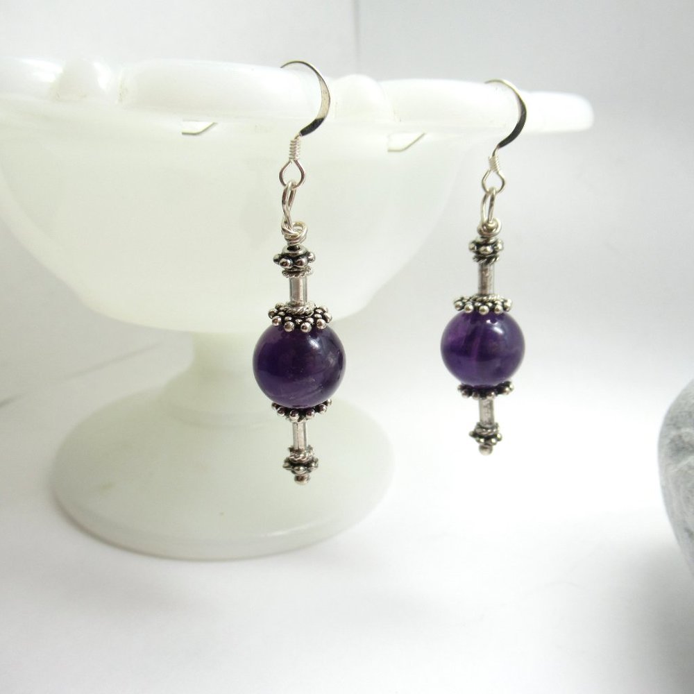 Amethyst and vintage Bali bead earrings